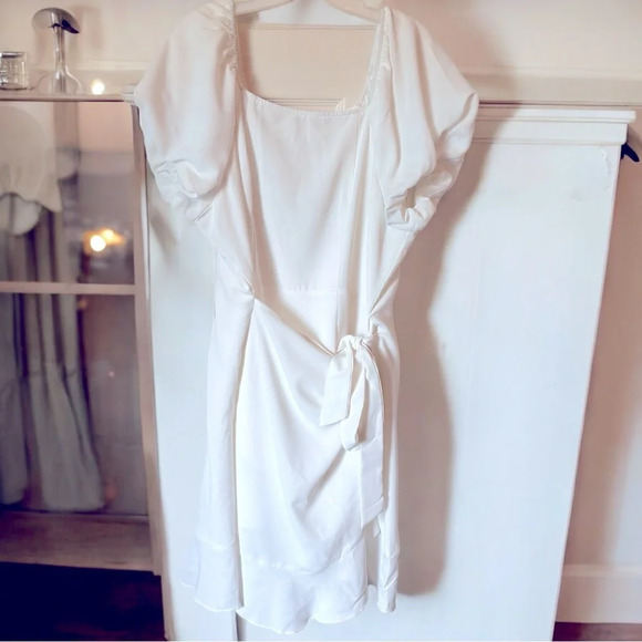 New Women’s Puff Sleeve Dress or Casual Square Neck Tie Waist Wrap Short Dress - Picture 2 of 6